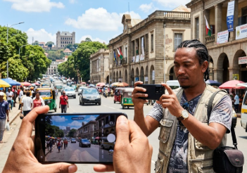 Photographe utilisant un Xiaomi 15T Pro sur l'Avenue de l'Indépendance à Antananarivo, Madagascar. L'écran AMOLED affiche une image claire sous un soleil intense, avec les arcades d'Analakely et le Palais de la Reine en arrière-plan.