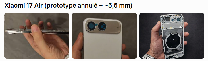 Prototype du Xiaomi 17 Air montrant son profil ultra-fin de 5,5 mm, son module photo arrière et ses composants internes — design ultra-slim 2026