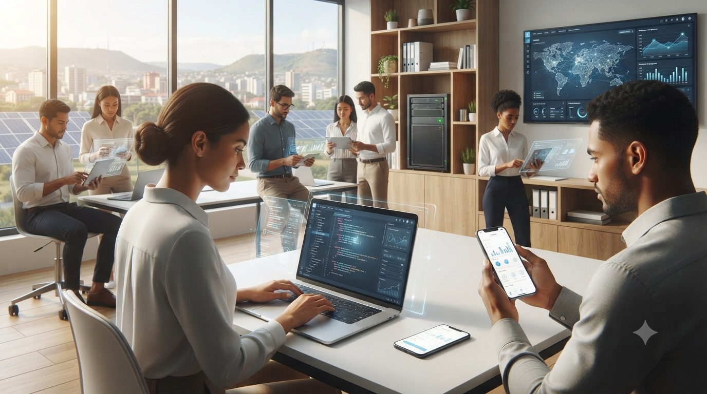 Équipe de professionnels travaillant dans un bureau moderne et lumineux : une femme code sur un ordinateur portable avec interfaces holographiques, un homme analyse des données sur un smartphone, et plusieurs collaborateurs utilisent des tablettes devant une baie vitrée surplombant une ville équipée de panneaux solaires.