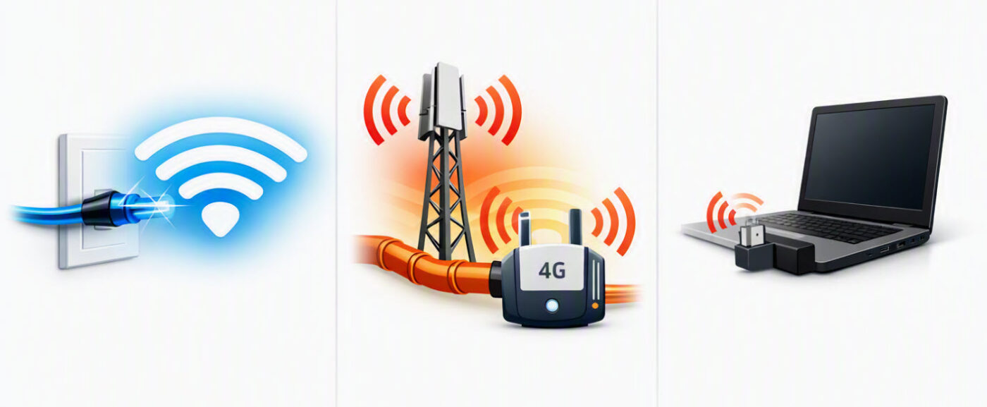 Illustration en trois parties montrant les technologies de connexion internet : un câble de fibre optique branché diffusant un signal Wi-Fi, une antenne-relais reliée à un routeur 4G, et un ordinateur portable connecté via une clé USB.