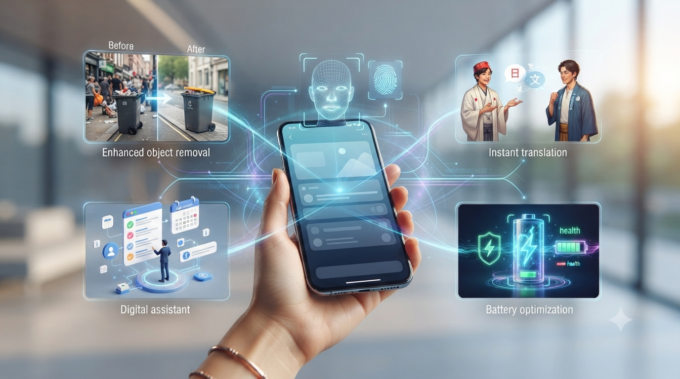Infographie montrant une main tenant un smartphone au centre, connecté par des lignes lumineuses à 5 fonctionnalités IA clés : la reconnaissance faciale/biométrique en haut au centre, l'élimination d'objets sur les photos ("Enhanced object removal"), la traduction instantanée ("Instant translation"), l'assistant numérique ("Digital assistant") et l'optimisation de la batterie ("Battery optimization") | mi-mada