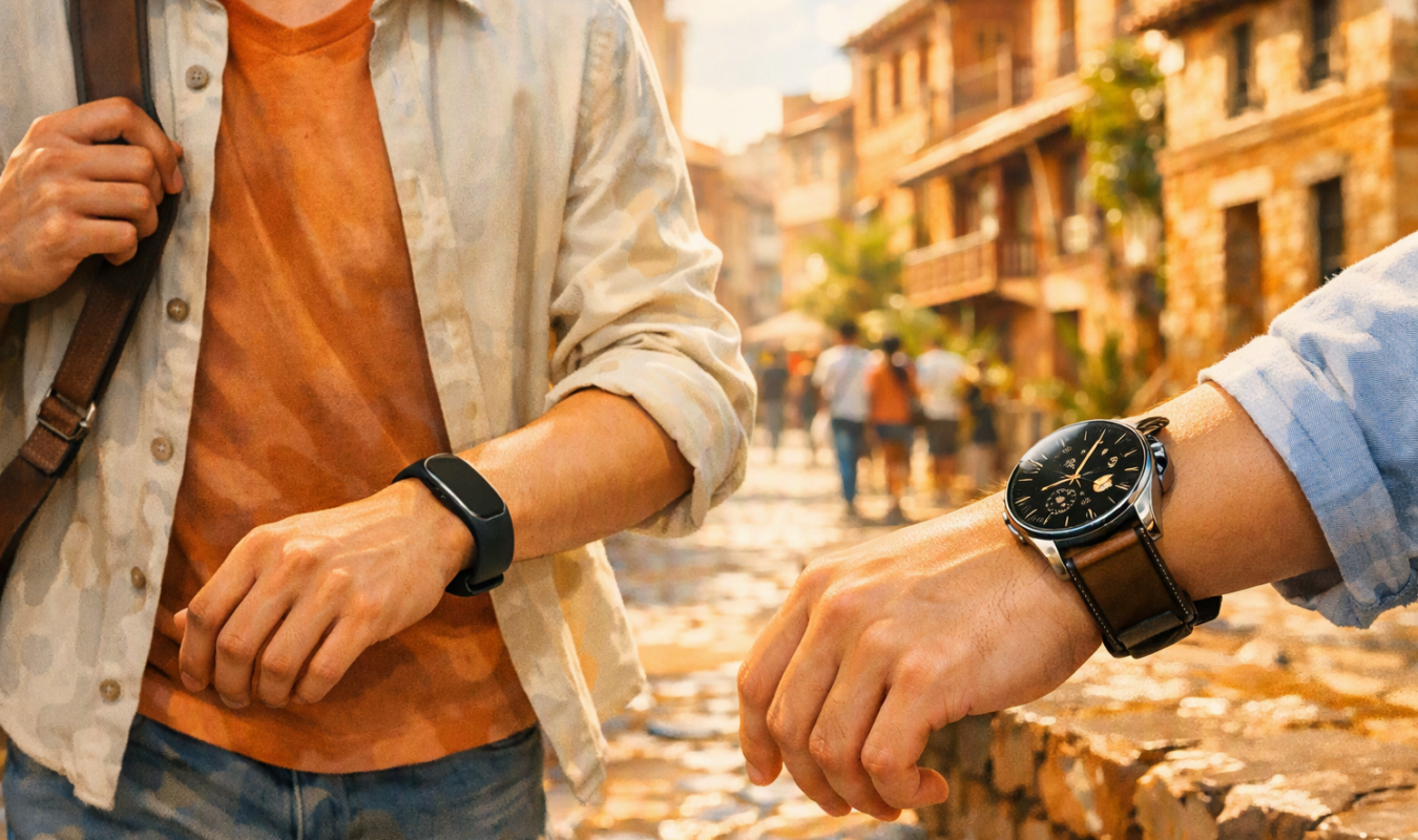Comparatif entre un bracelet connecté Xiaomi Smart Band et une montre connectée Xiaomi Watch portés au poignet en situation réelle | mi-mada.store
