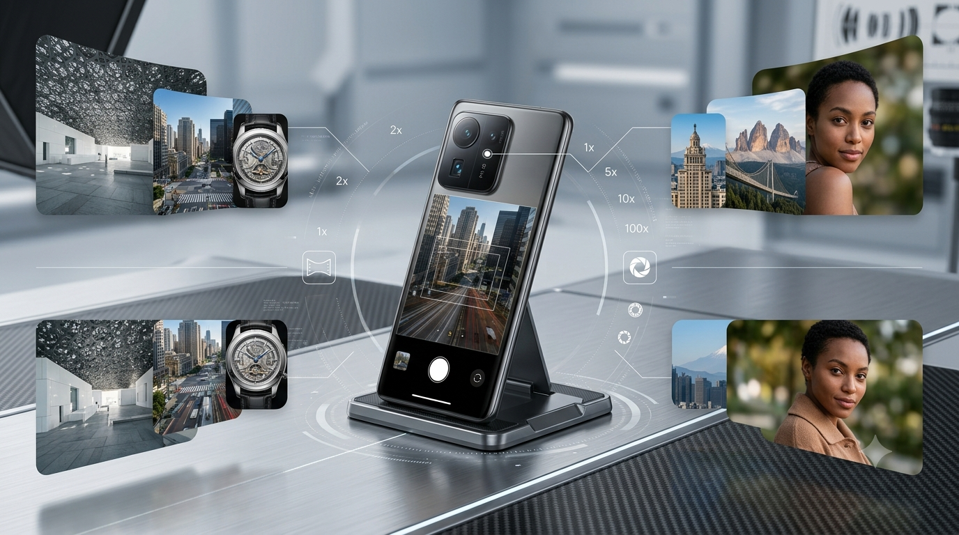 Une infographie mettant en valeur les capacités photographiques exceptionnelles d'un smartphone moderne. Au centre, un smartphone gris est positionné sur un support sur une table en fibre de carbone. Son écran affiche une scène de ville. Autour du téléphone, une interface graphique indique les niveaux de zoom : 1x, 2x, 5x, 10x et 100x, avec des icônes d'appareil photo. À gauche, une galerie montre une structure architecturale, un paysage urbain et un gros plan de montre. À droite, une autre galerie présente un bâtiment classique, des montagnes et des portraits de femme. Des lignes de flux connectent les éléments, le tout dans un environnement de bureau moderne flouté.