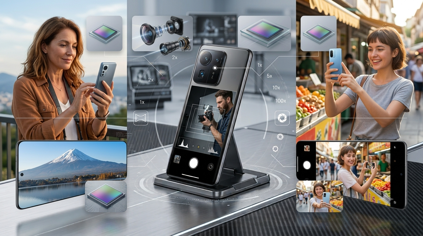 Infographie en triptyque montrant trois téléphones Xiaomi adaptés à différents profils de photographes : à gauche, une femme mûre prenant une photo de paysage de montagne avec un capteur photo en incrustation ; au centre, un modèle professionnel sur socle montrant les composants optiques et le zoom jusqu'à 100x ; à droite, une jeune femme souriante photographiant un étal de marché coloré.
