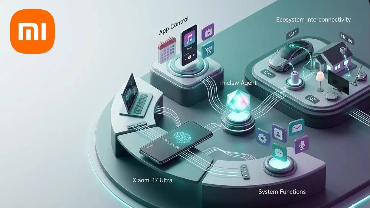 Illustration de l’écosystème Xiaomi reliant smartphone, maison connectée, voiture et appareils numériques via des fonctions intelligentes.