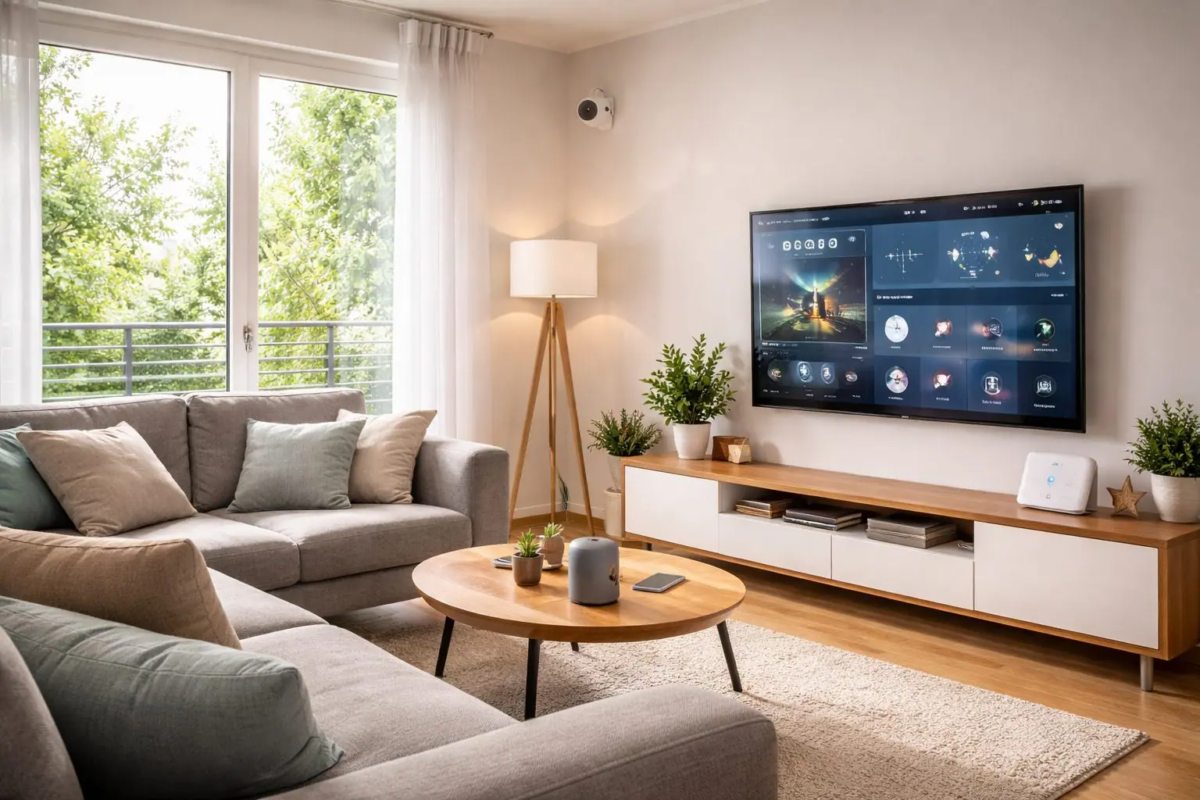 Salon moderne équipé d'une Smart TV, d'une enceinte connectée et d'appareils pour une maison intelligente.