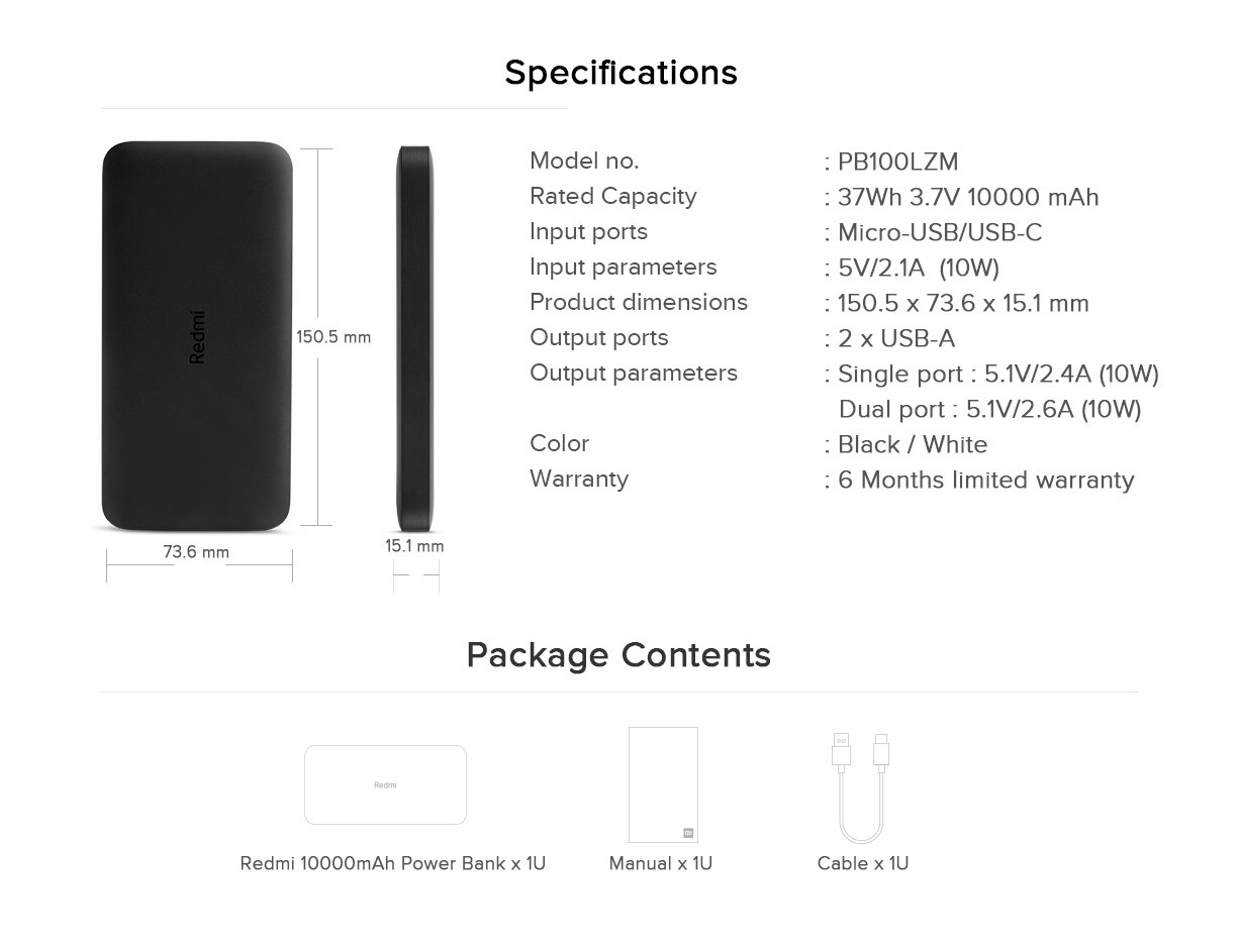 Xiaomi Redmi Power Bank 10000 mAh Noir Spec Xiaomi Redmi Power Bank 10000 mAh Noir Spec