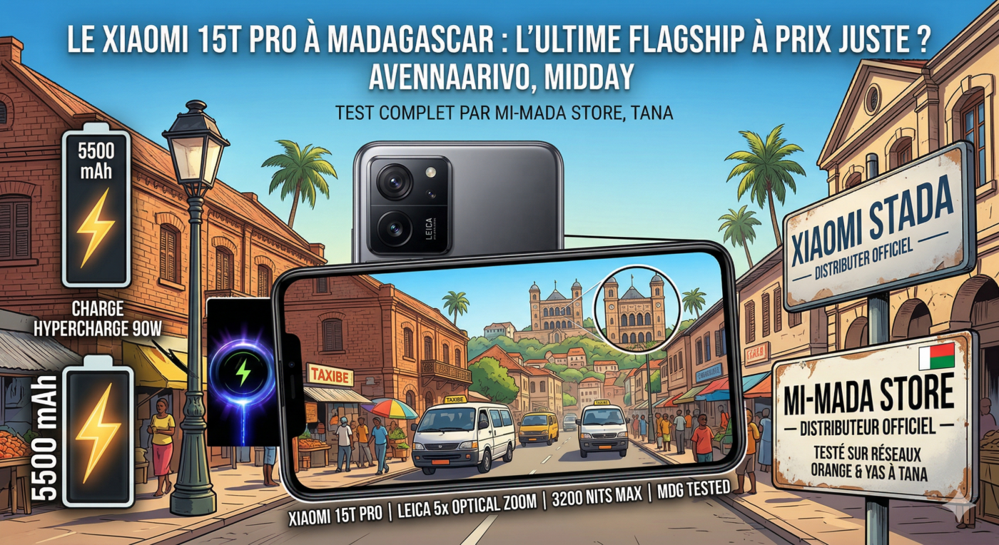 Illustration conceptuelle montrant le Xiaomi 15T Pro sur l'Avenue de l'Indépendance à Antananarivo, Madagascar. L'écran ultra-lumineux affiche un zoom net sur la Haute Ville et le Palais de la Reine, avec des graphiques de charge rapide 90W et de batterie 5500mAh. Une boutique 'Mi-Mada Store' est visible en arrière-plan sous un soleil de plomb.
