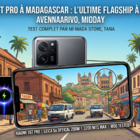 Illustration conceptuelle montrant le Xiaomi 15T Pro sur l'Avenue de l'Indépendance à Antananarivo, Madagascar. L'écran ultra-lumineux affiche un zoom net sur la Haute Ville et le Palais de la Reine, avec des graphiques de charge rapide 90W et de batterie 5500mAh. Une boutique 'Mi-Mada Store' est visible en arrière-plan sous un soleil de plomb.