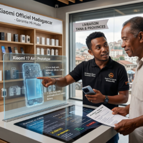 Expert Mi-Mada Store expliquant les caractéristiques techniques et les rumeurs du Xiaomi 17 Air à un client à Antananarivo, Madagascar.