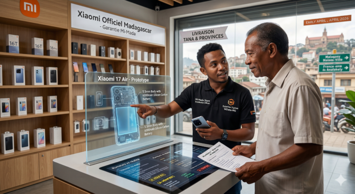Expert Mi-Mada Store expliquant les caractéristiques techniques et les rumeurs du Xiaomi 17 Air à un client à Antananarivo, Madagascar.