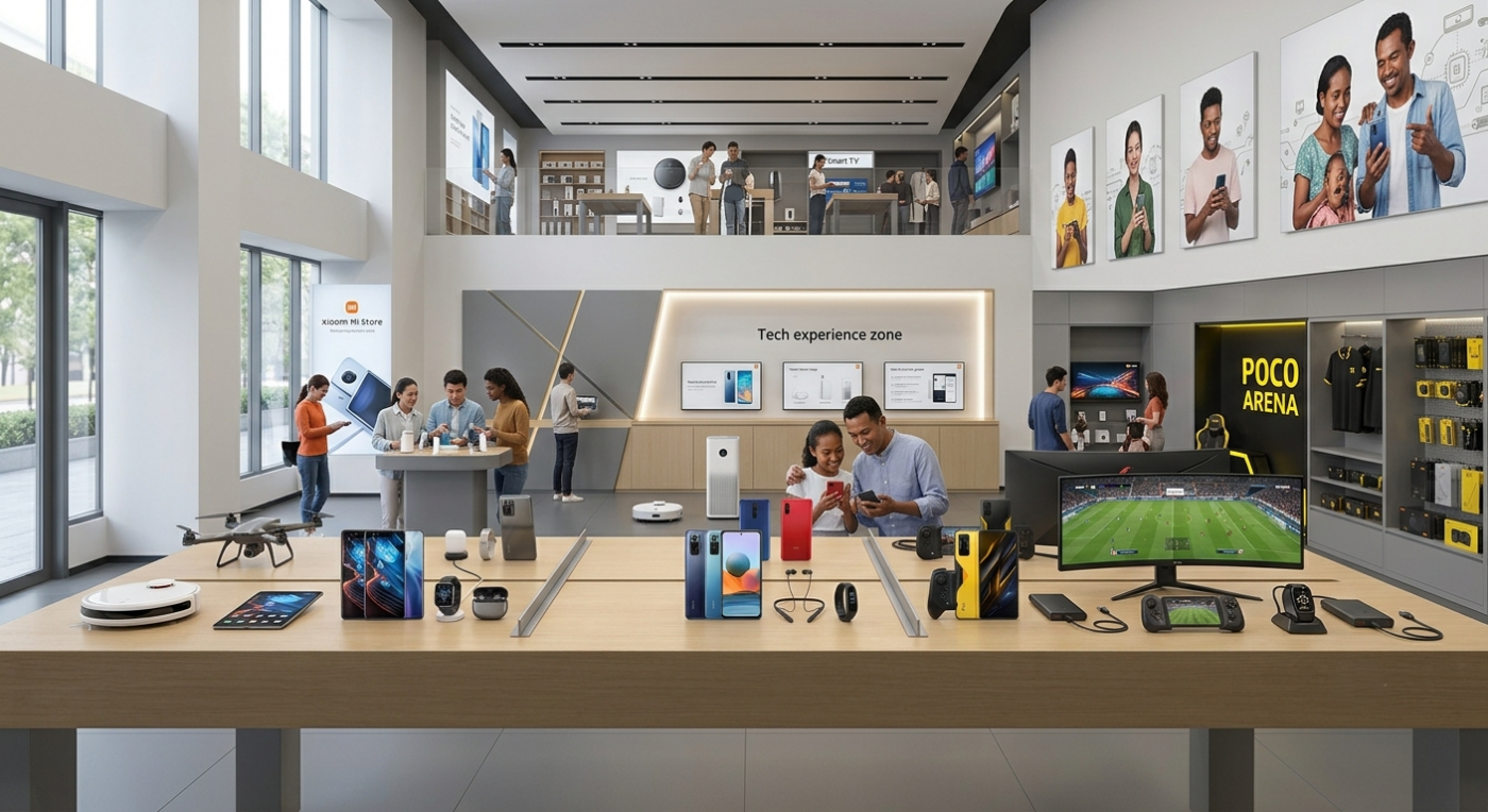 Clients découvrant les smartphones Xiaomi, Redmi et POCO ainsi que les objets connectés dans un Xiaomi Store moderne.