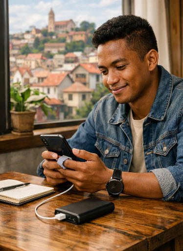 Jeune utilisateur malgache rechargeant son smartphone avec une batterie externe Xiaomi lors de ses déplacements.