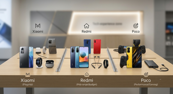 Comparatif des gammes Xiaomi, Redmi et POCO avec smartphones, montres connectées et accessoires dans un magasin Xiaomi | mi-mada.store