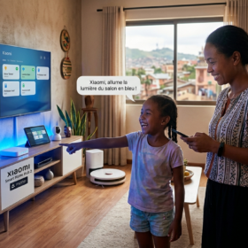 Famille utilisant un écosystème Xiaomi Smart Home avec télévision, éclairage connecté, purificateur d’air et robot aspirateur | mi-mada.store
