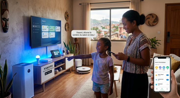 Famille utilisant un écosystème Xiaomi Smart Home avec télévision, éclairage connecté, purificateur d’air et robot aspirateur | mi-mada.store