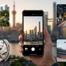 Une infographie mettant en avant les capacités photographiques exceptionnelles du Xiaomi 15 Ultra. Au centre, une main tient le smartphone avec l'application appareil photo affichant une vue de la skyline de Shanghai. Quatre fenêtres illustrent différentes fonctionnalités : un portrait lumineux (Maître de la Lumière), une scène de nuit avec des traînées lumineuses (Photographie de Nuit), un gros plan macro d'un mécanisme d'horlogerie (Détails Inégalés) et une action nette de skateboard avec flou de mouvement (Mode Portrait). Le fond montre la skyline de Shanghai au crépuscule.