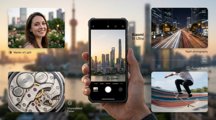 Une infographie mettant en avant les capacités photographiques exceptionnelles du Xiaomi 15 Ultra. Au centre, une main tient le smartphone avec l'application appareil photo affichant une vue de la skyline de Shanghai. Quatre fenêtres illustrent différentes fonctionnalités : un portrait lumineux (Maître de la Lumière), une scène de nuit avec des traînées lumineuses (Photographie de Nuit), un gros plan macro d'un mécanisme d'horlogerie (Détails Inégalés) et une action nette de skateboard avec flou de mouvement (Mode Portrait). Le fond montre la skyline de Shanghai au crépuscule.