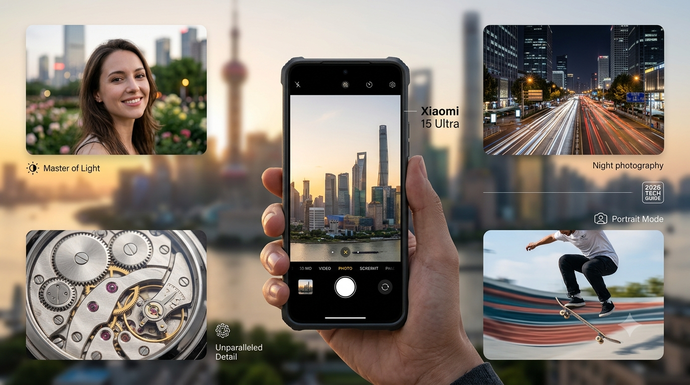Une infographie mettant en avant les capacités photographiques exceptionnelles du Xiaomi 15 Ultra. Au centre, une main tient le smartphone avec l'application appareil photo affichant une vue de la skyline de Shanghai. Quatre fenêtres illustrent différentes fonctionnalités : un portrait lumineux (Maître de la Lumière), une scène de nuit avec des traînées lumineuses (Photographie de Nuit), un gros plan macro d'un mécanisme d'horlogerie (Détails Inégalés) et une action nette de skateboard avec flou de mouvement (Mode Portrait). Le fond montre la skyline de Shanghai au crépuscule.