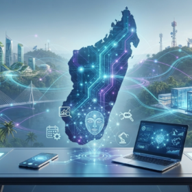 Une infographie futuriste et un tableau de bord de contrôle tactique résumant le cycle de développement technologique durable en IA à Madagascar|mi-mada.store