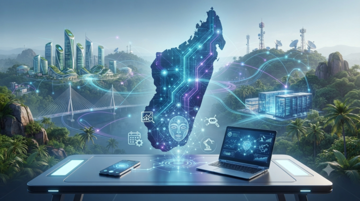 Une infographie futuriste et un tableau de bord de contrôle tactique résumant le cycle de développement technologique durable en IA à Madagascar|mi-mada.store