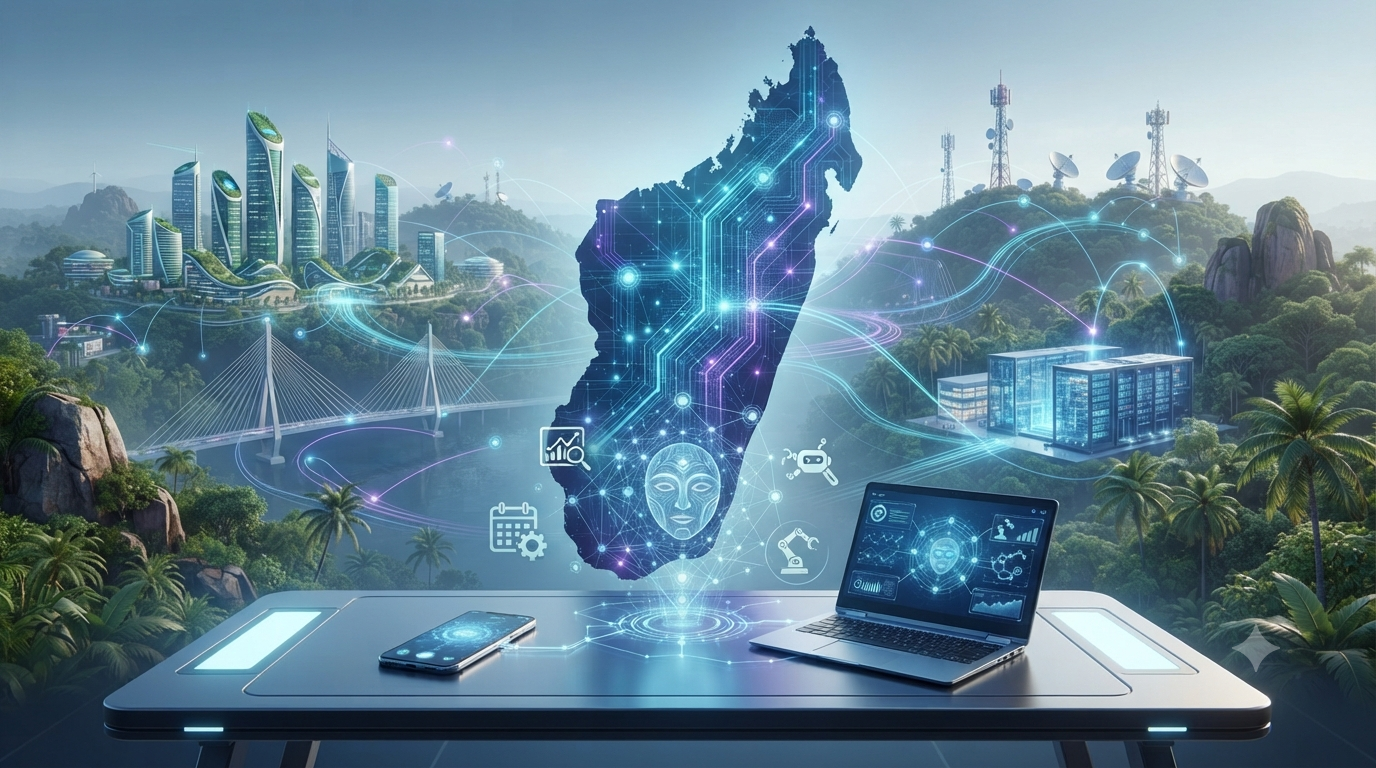 Une infographie futuriste et un tableau de bord de contrôle tactique résumant le cycle de développement technologique durable en IA à Madagascar|mi-mada.store