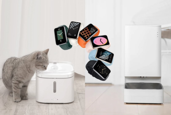 Composition montrant les nouveaux objets connectés Xiaomi pour la maison : un chaton gris buvant à une fontaine d'eau connectée blanche à gauche, une volée de bracelets connectés Smart Band aux bracelets multicolores au centre, et un distributeur automatique de croquettes blanc à droite.